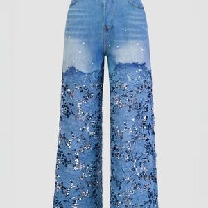Elegant Blue Lace Flare Jeans